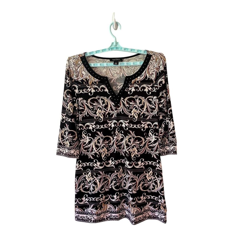 White House Black Market Tunic Dress Women Size M Black Multicolor Print Studded - Picture 1 of 6